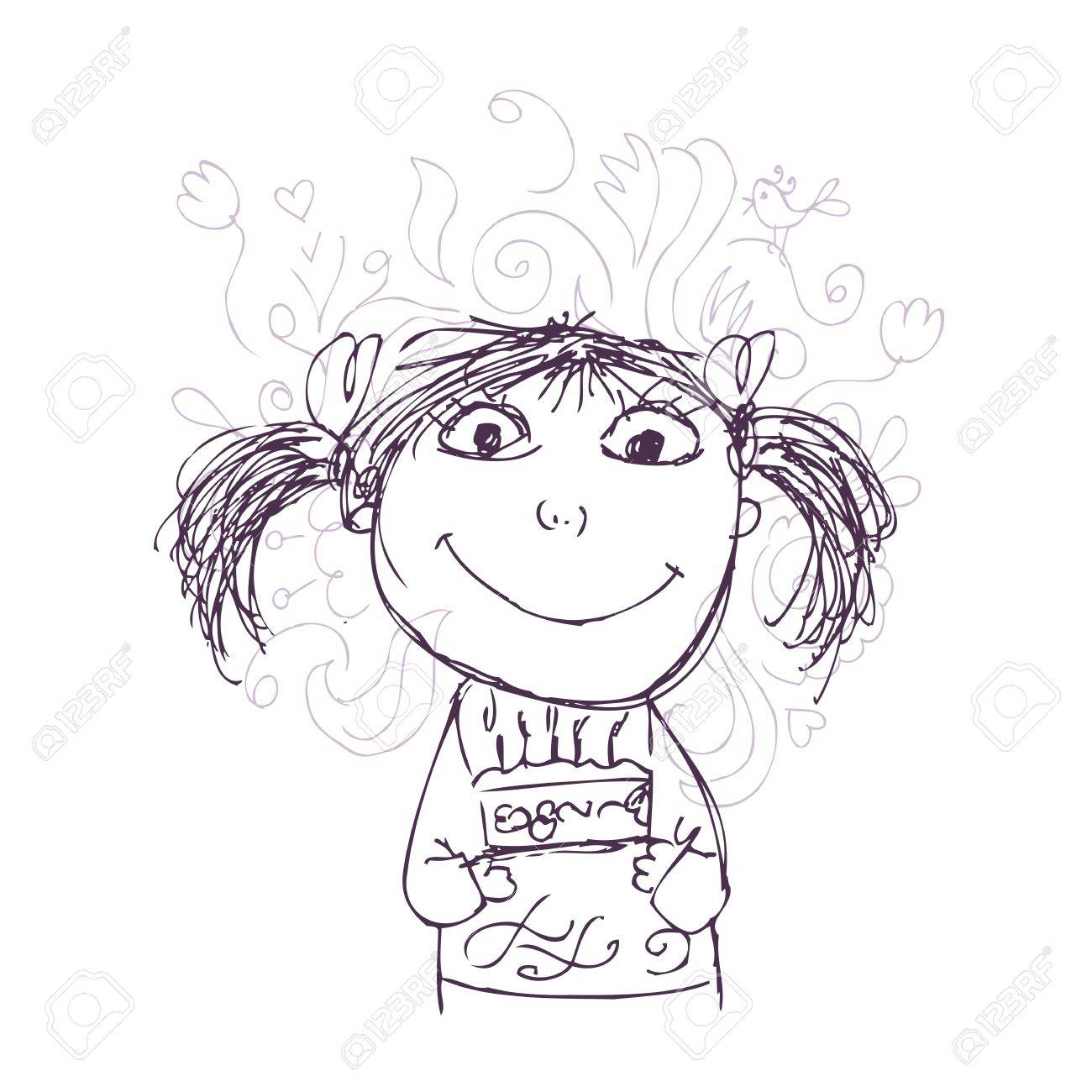 あなたのデザインのための誕生日ケーキで面白い女の子スケッチ のイラスト素材 ベクタ Image あなたのデザインのための誕生日ケーキで面白い女の子スケッチ のイラスト素材 ベクタ Image
