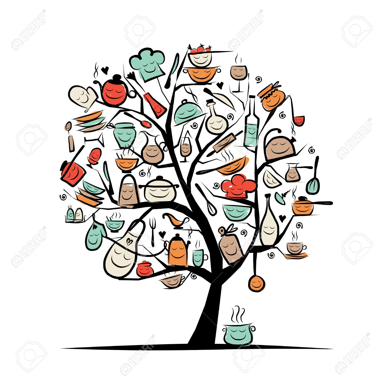 albero arte con utensili da cucina disegno schizzo per la archivio fotografico with cucina disegno