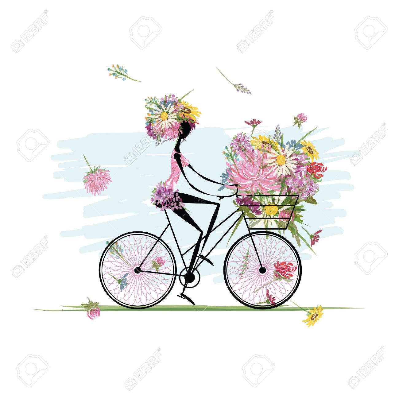 バスケットの花の花束を持つ少女サイクリング のイラスト素材 ベクタ Image