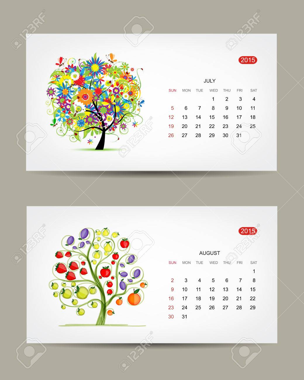 カレンダー 15 年 7 月と 8 月のヶ月 アート木の設計 のイラスト素材 ベクタ Image