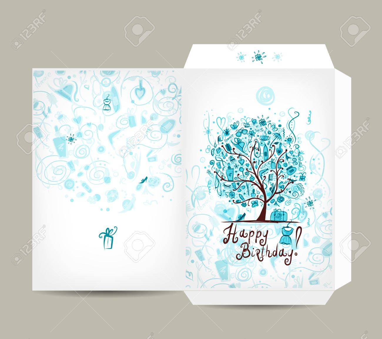 greeting envelope design female birthday tree vector illustration