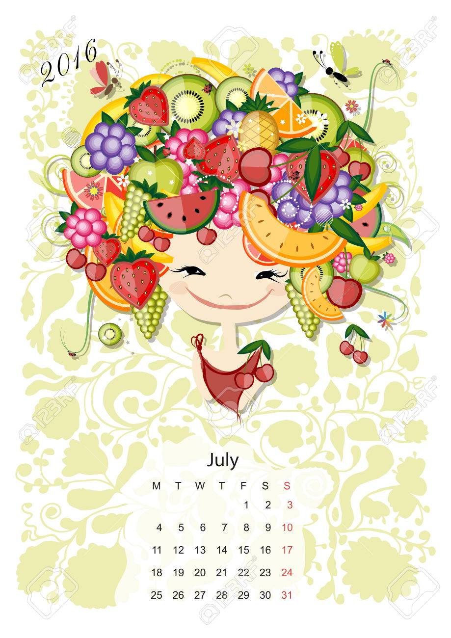 カレンダー 16 年 7 月です 女の子デザインをシーズンします ベクトル図 のイラスト素材 ベクタ Image