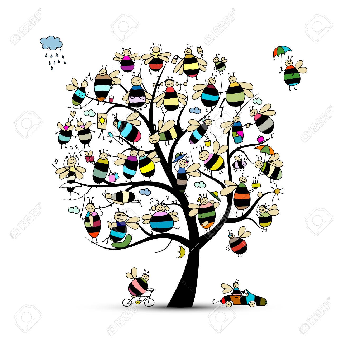 Art Tree With Family Bees, Sketch For Your Design. Vector ...