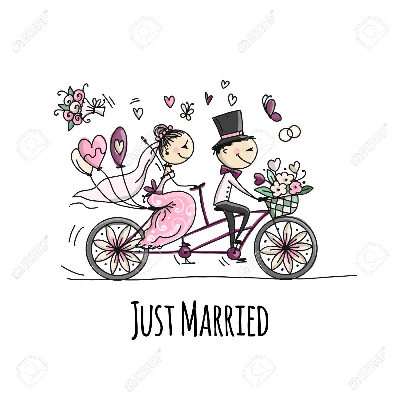 Wedding card design. Bride and groom riding on bicycle - 108223991 Wedding card design. Bride and groom riding on bicycle - 108223991