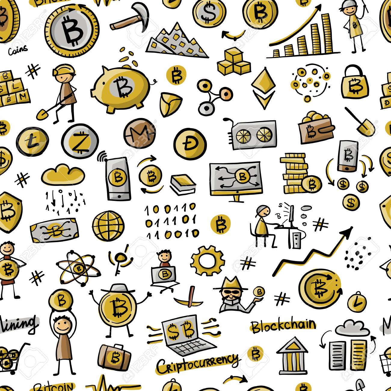 디자인 벡터 일러스트레이션을 위한 비트코인 암호화폐와 블록체인 기술 원활한 패턴 로열티 무료 사진, 그림, 이미지 그리고  스톡포토그래피. Image 111234040