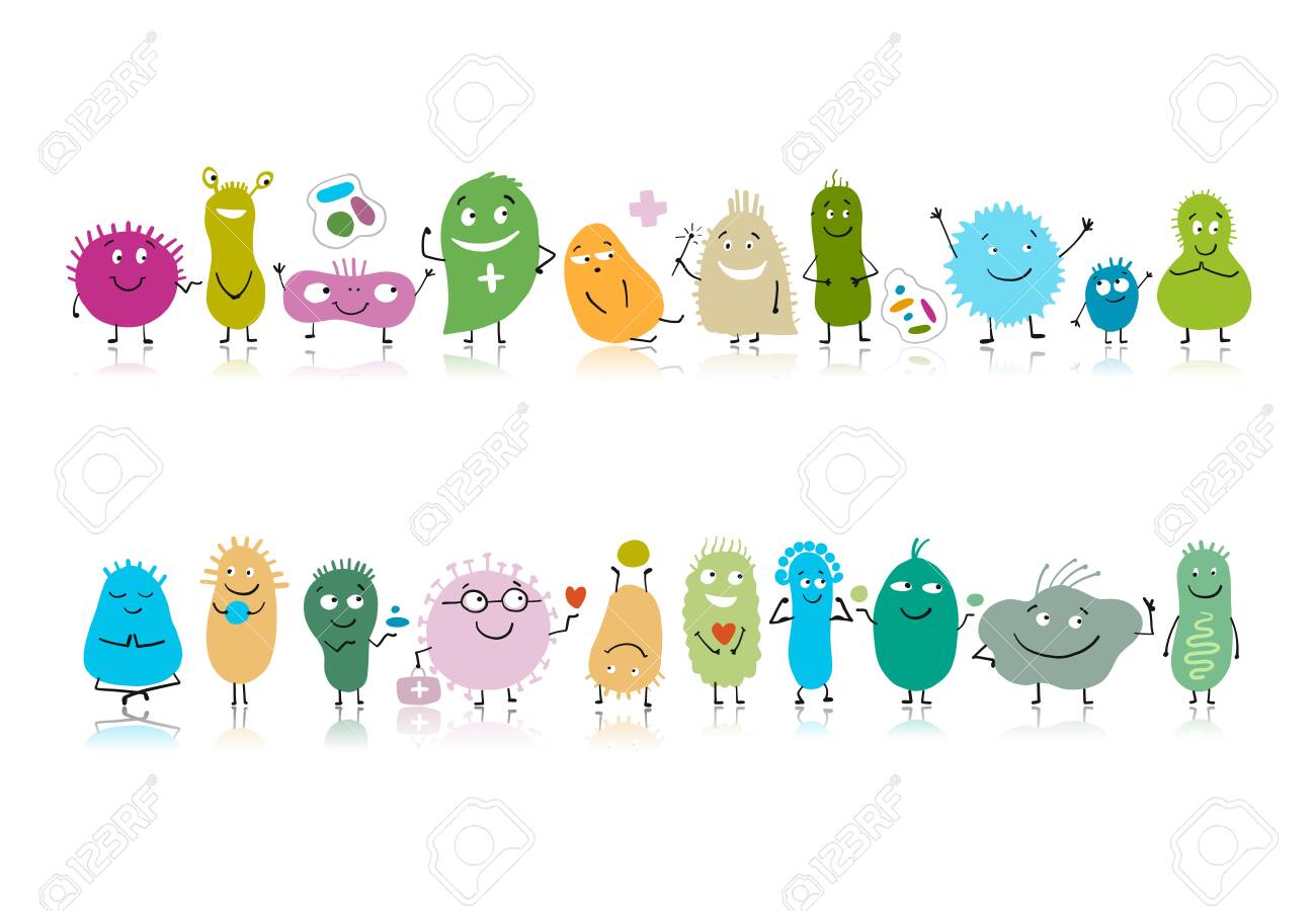 Funny And Scary Bacteria Characters Isolated On White. Vector Icons Of Gut  And Intestinal Flora, Germs, Virus. Royalty Free SVG, Cliparts, Vectors,  and Stock Illustration. Image 142615577., image size:1300x900