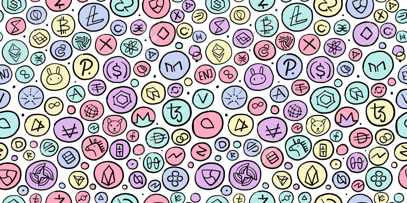 암호 화폐 금융 항목. 알트코인 수집. 원활한 패턴 배경 로열티 무료 사진, 그림, 이미지 그리고 스톡포토그래피. Image  174008500