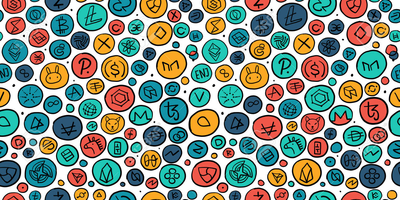 암호 화폐 금융 항목. 알트코인 수집. 원활한 패턴 배경 로열티 무료 사진, 그림, 이미지 그리고 스톡포토그래피. Image  174296925