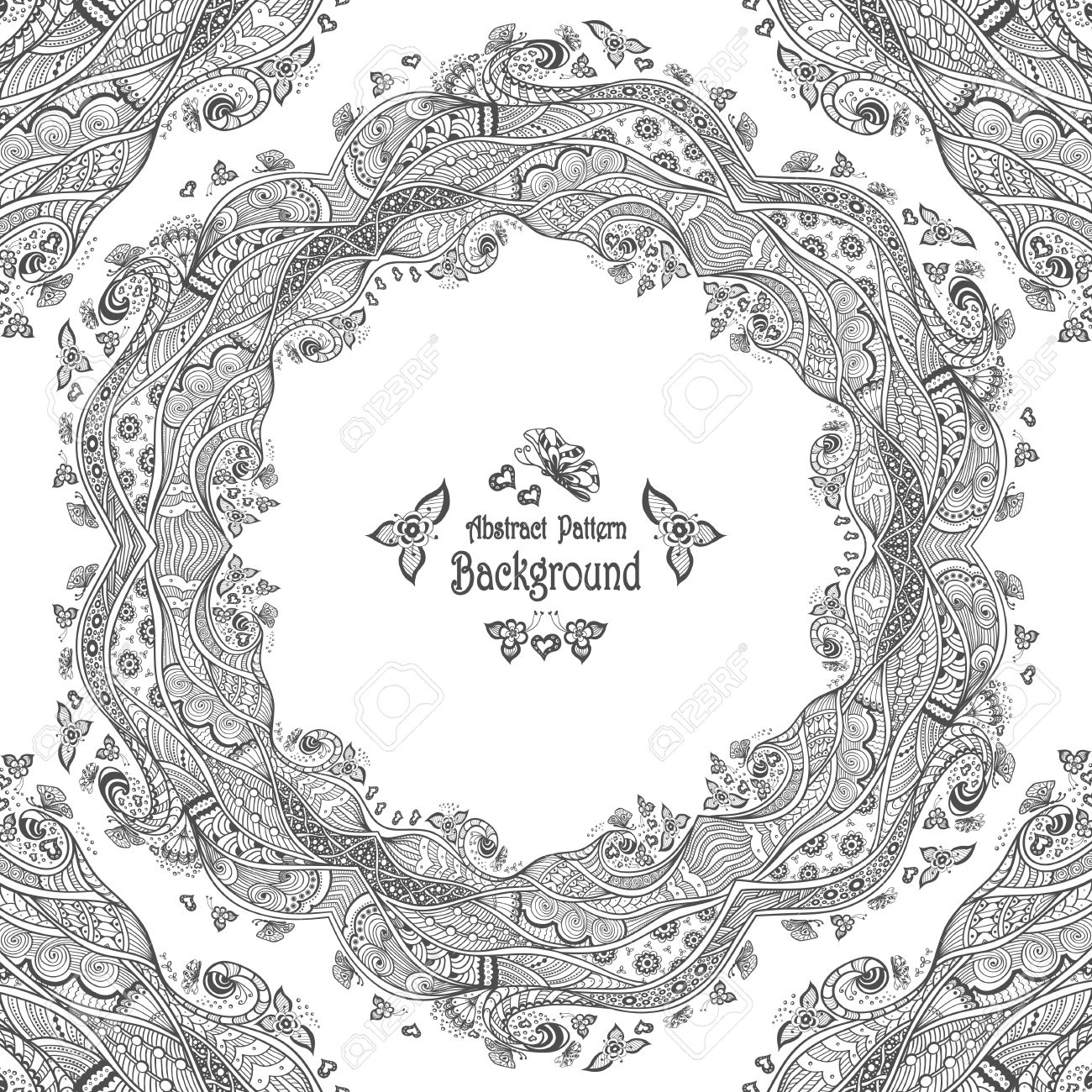 Abstract Circle Frame With Pattern Background In Zen Doodle Style Butterfly Flowers Hearts Waves