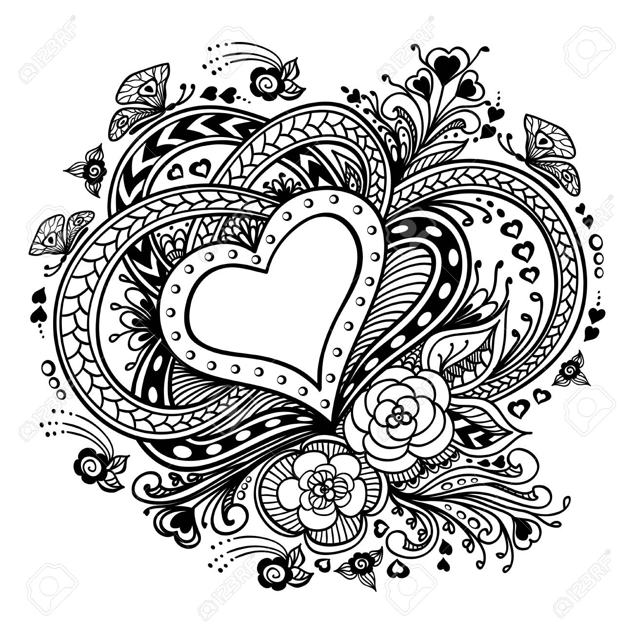 Zen Doodle Heart Frame With Flowers Butterflies Black On White Royalty Free Cliparts Vectors And Stock Illustration Image 50556480