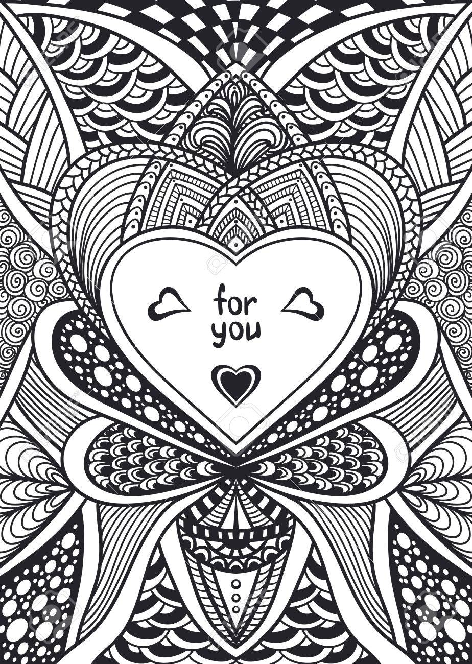 禅落書きスタイル パターンとハート フレーム テンプレート ページを着色白黒またはバレンタインデーのための塗り絵の壁紙の背景または創造的なポストカードをリラックス