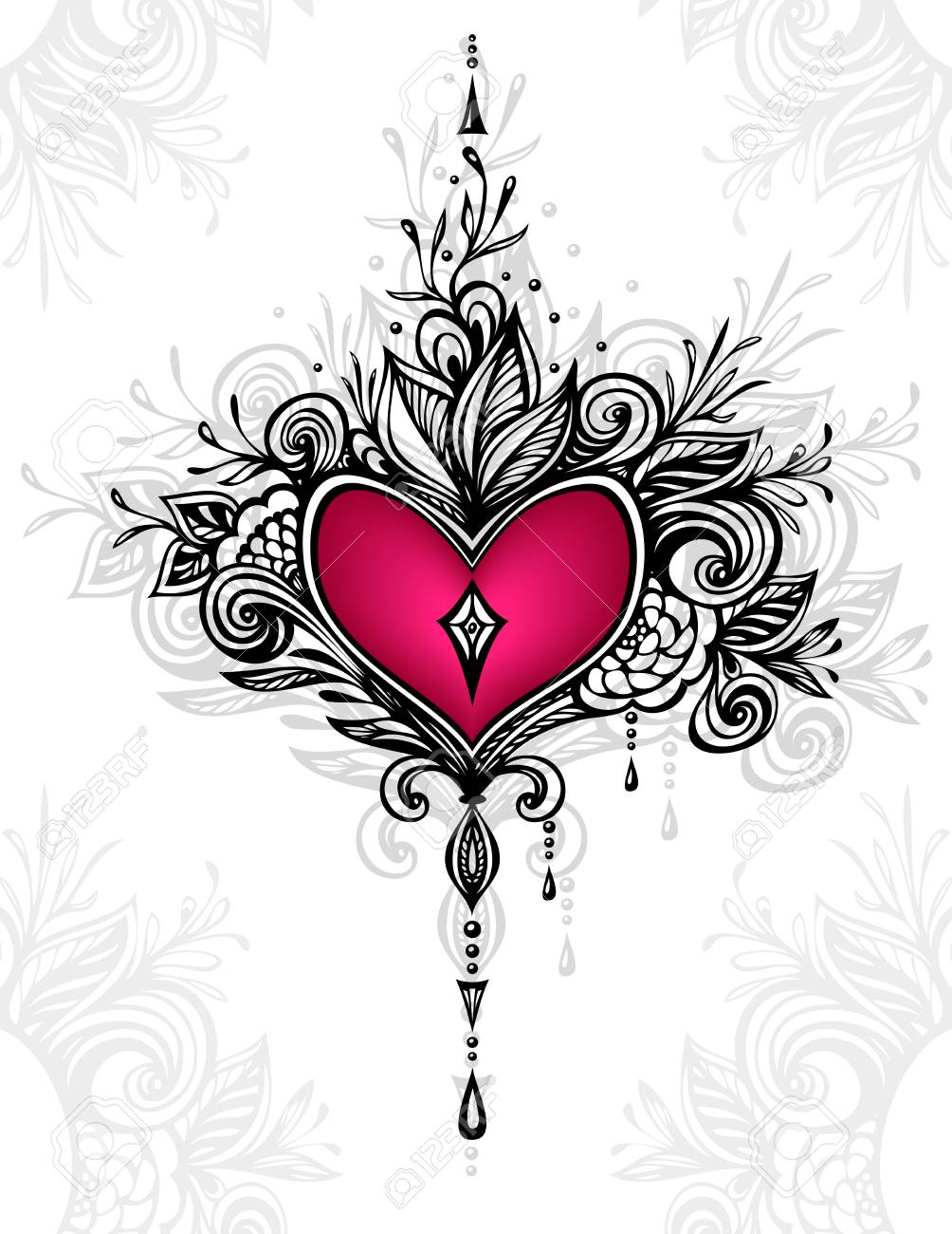 自由奔放に生きるスタイルのタトゥーやページを着色または装飾 T シャツ服香水化粧品や他のもののための花と手作り Zentangle ハート のイラスト素材 ベクタ Image