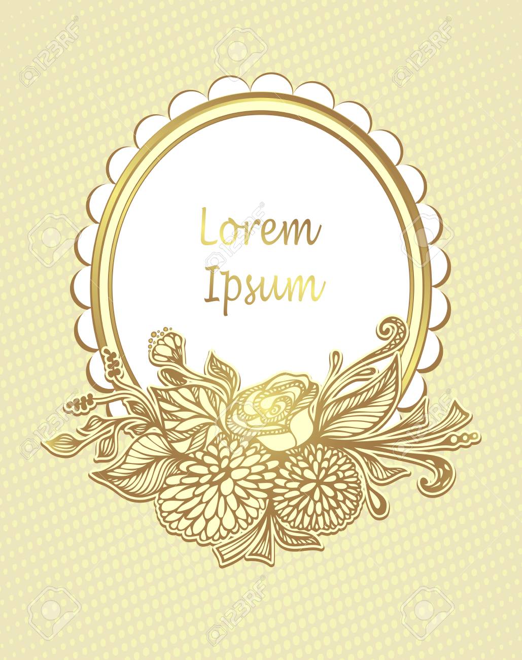 Template Design Flyer Label Frame With Hand Drawn Flowers Bouquet In Gold Beige White Or For Wedding Wedding Invitation Congratulation Or For Decoration Package Of Cosmetic Perfume Royalty Free Cliparts Vectors And