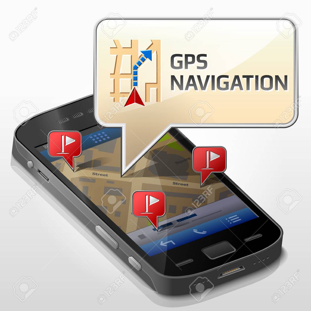 スマート フォン Gps ナビゲーションについてメッセージ バブル 携帯電話の画面にポップアップ ダイアログ ボックス スマート フォン ナビゲーションのモバイル技術で Gps による位置情報の地図などを追跡についての質的なベクトル図のイラスト素材 ベクタ Image