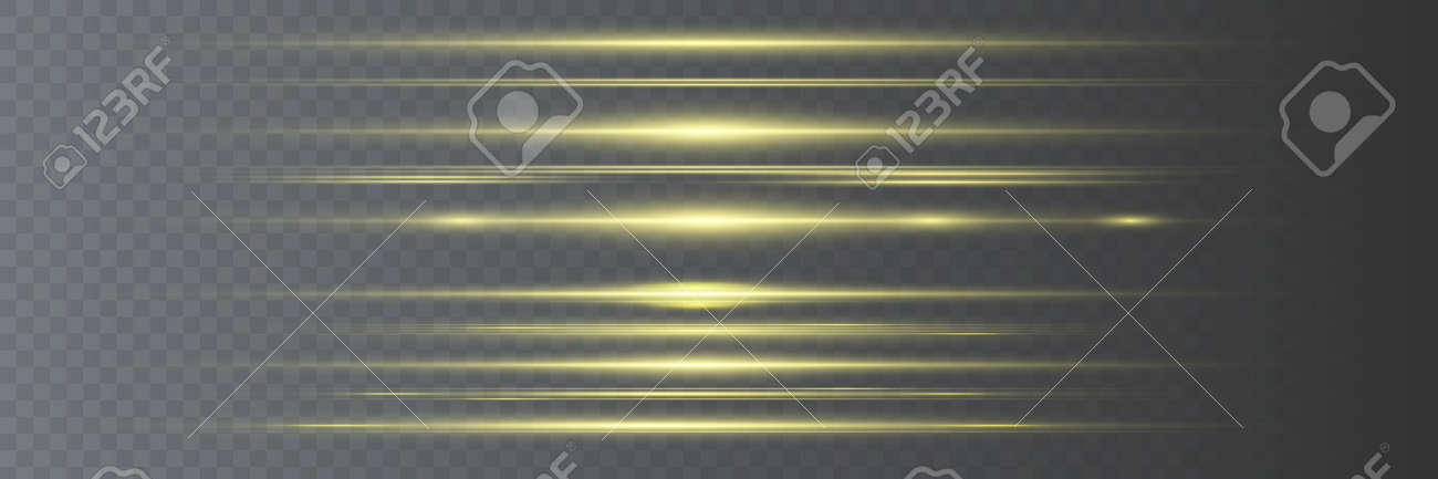Set of yellow horizontal lens flares. Laser beams, horizontal light beams. Beautiful flashes of light. Glowing stripes on a dark background. - 169116575 Set of yellow horizontal lens flares. Laser beams, horizontal light beams. Beautiful flashes of light. Glowing stripes on a dark background. - 169116575