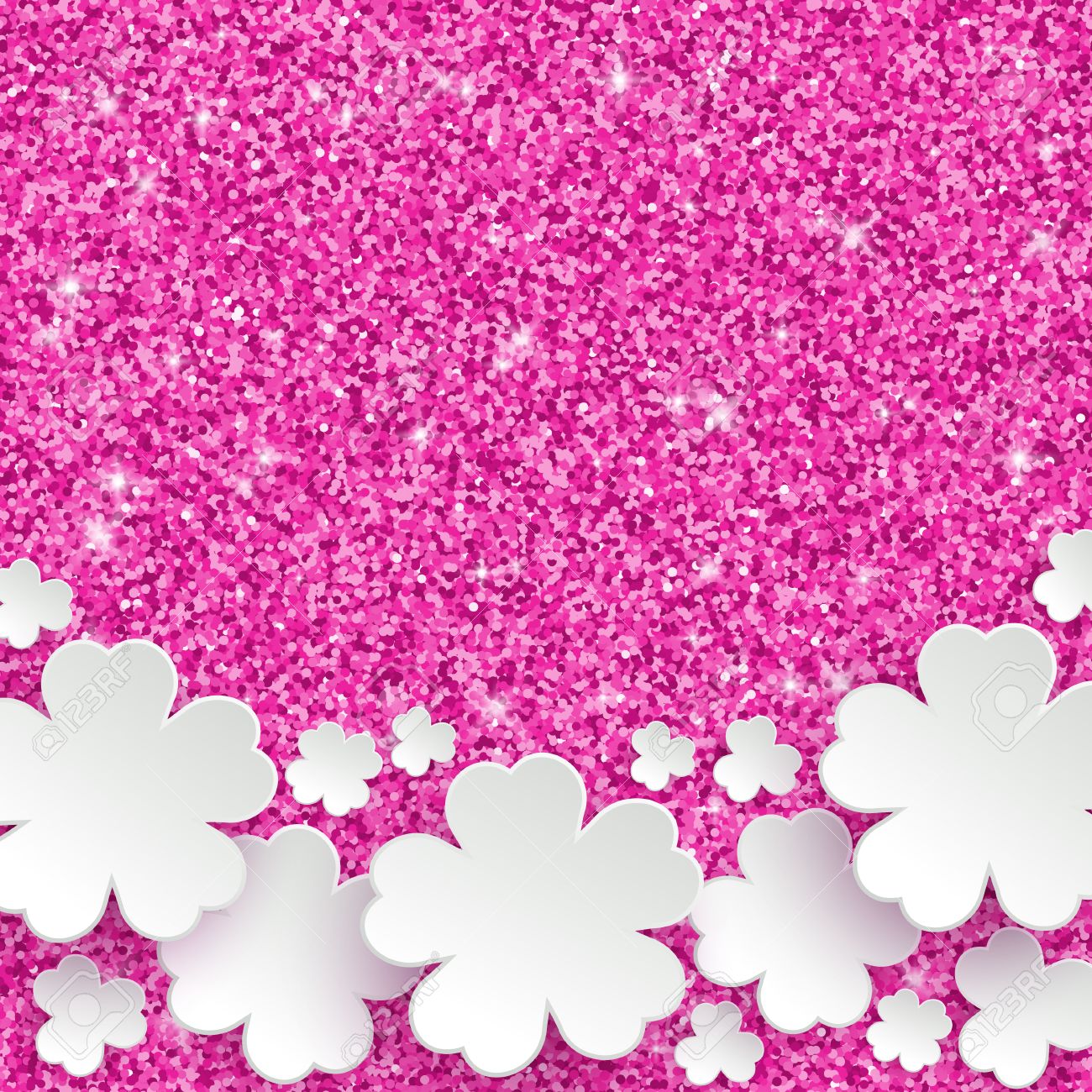 Happy Mothers Day or international womens day or Easter greeting card, holiday glitter dust sparkle pink background with white paper flowers, vector illustration with place for text - 52522751 Happy Mothers Day or international womens day or Easter greeting card, holiday glitter dust sparkle pink background with white paper flowers, vector illustration with place for text - 52522751