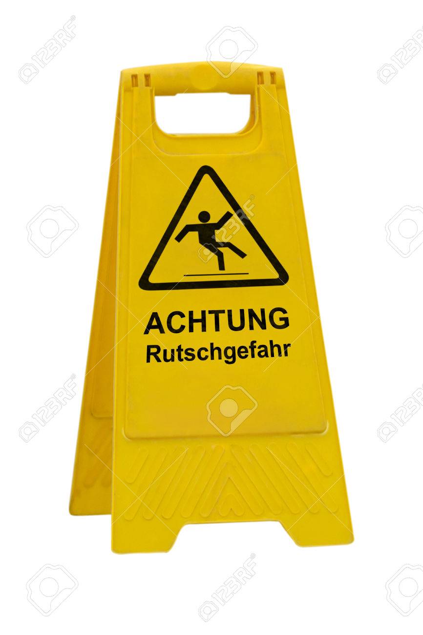 archivio fotografico giallo achtung rutschgefahr attenzione tedesco scivoloso pavimento bagnato segno isolato su sfondo bianco