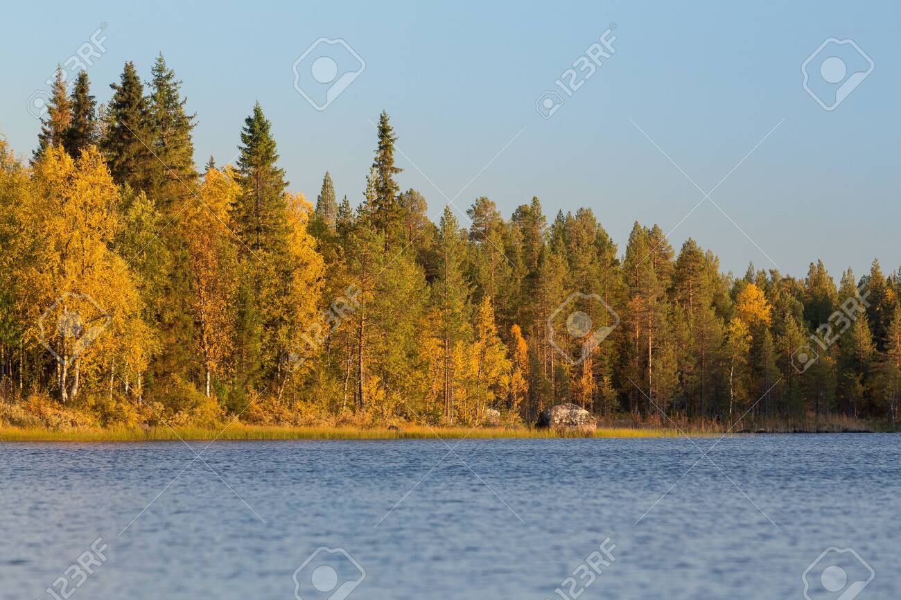 Autumnal lake scenery in Sweden during sunset - 131597630 Autumnal lake scenery in Sweden during sunset - 131597630