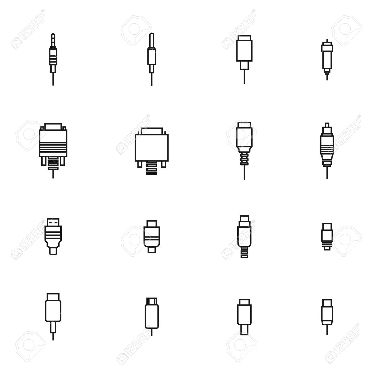 白い背景に隔離された細い線の異なるビデオとオーディオプラグのセット コンピュータアクセサリーやデジタルデバイスのデザインの要素 ベクトルイラスト の イラスト素材 ベクタ Image