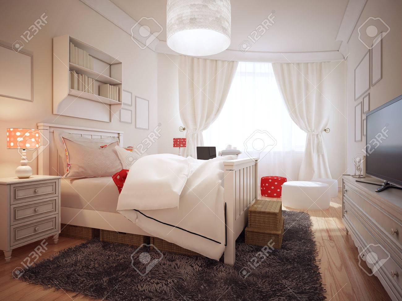 アールデコ傾向でエレガントなベッドルーム 枕とクリーム色の壁の部屋に柔らかい白い毛布高級ベッドの近くのかわいいベッドサイド テーブル 3 D のレンダリング の写真素材 画像素材 Image 4615