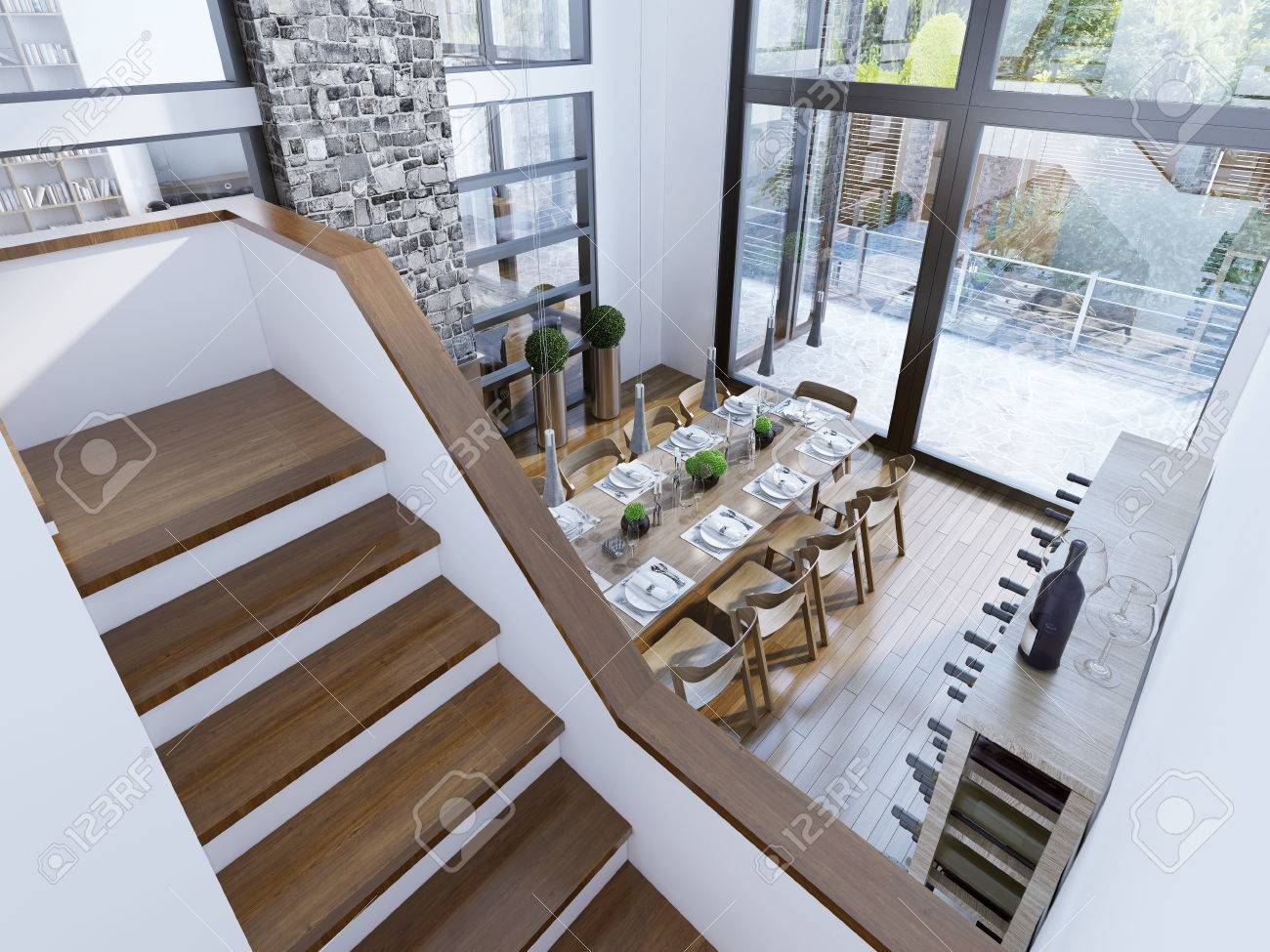 Draufsicht Auf Einen Modernen Speisesaal Design. Geräumiges Zimmer ... Draufsicht Auf Einen Modernen Speisesaal Design. Geräumiges Zimmer ...