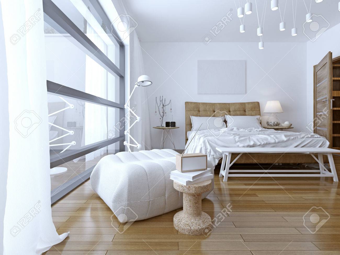 Camera da letto con pareti bianche in stile moderno. piano di ...