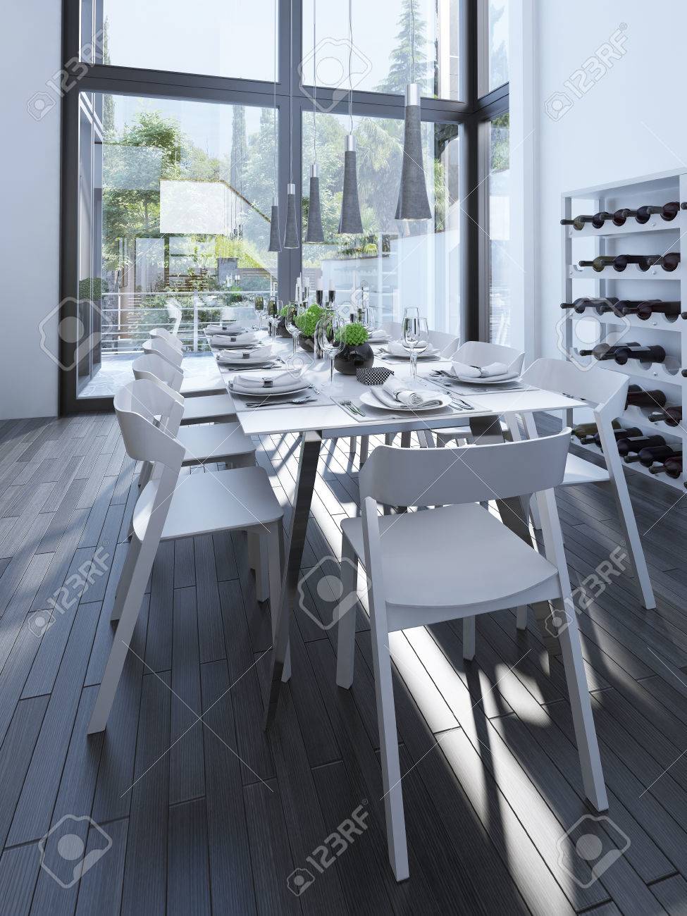 Diseño Moderno Comedor Con Botellero. Vector Servido Con Muebles De ... Diseño Moderno Comedor Con Botellero. Vector Servido Con Muebles De ...