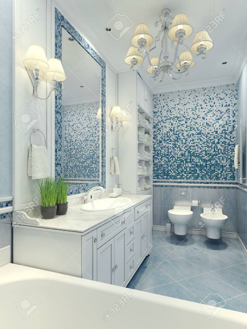 bagno luminoso stile classico lampadario di lusso specchio mobili bianchi e built