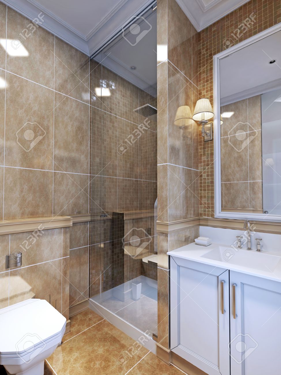 archivio fotografico bagno stile art deco un bagno completo che di piccole dimensioni piastrelle beige naturale copre sia pavimento e parete
