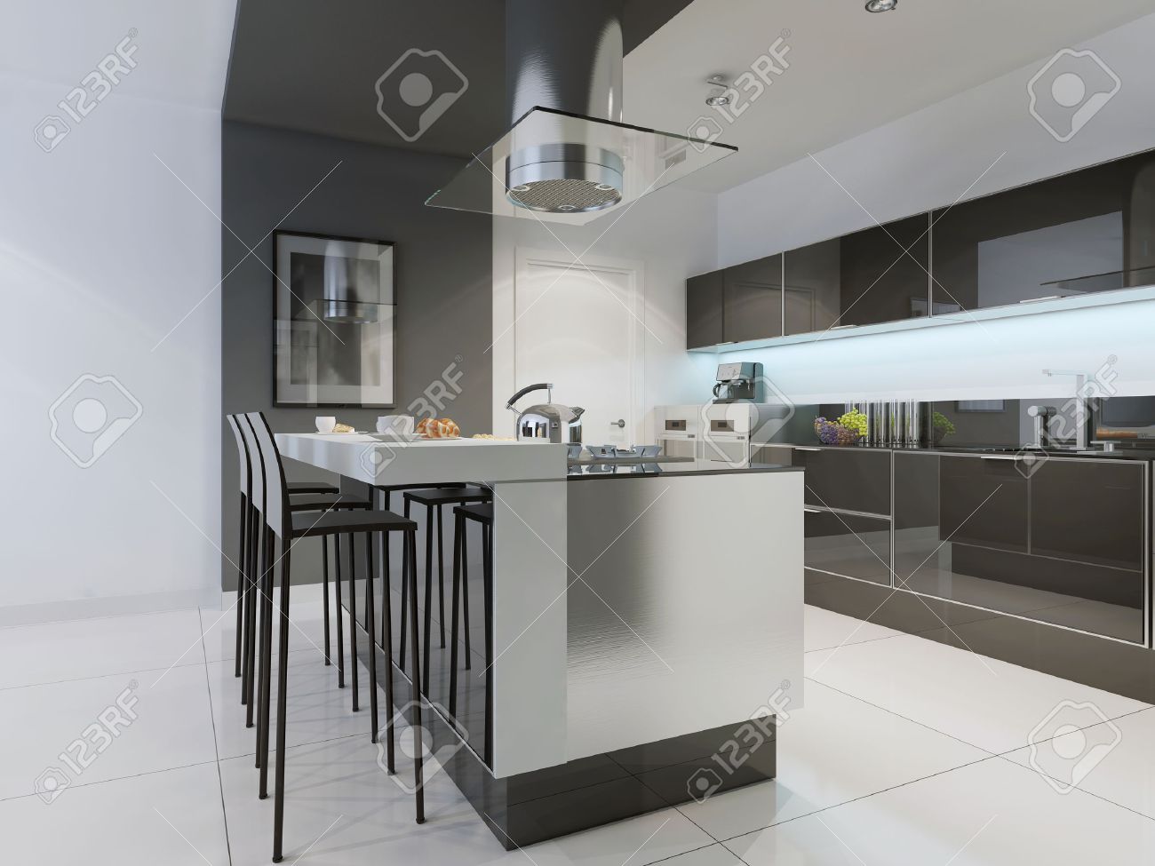 Progettazione di cucina moderna con isola. armadi a schermo piatto ...