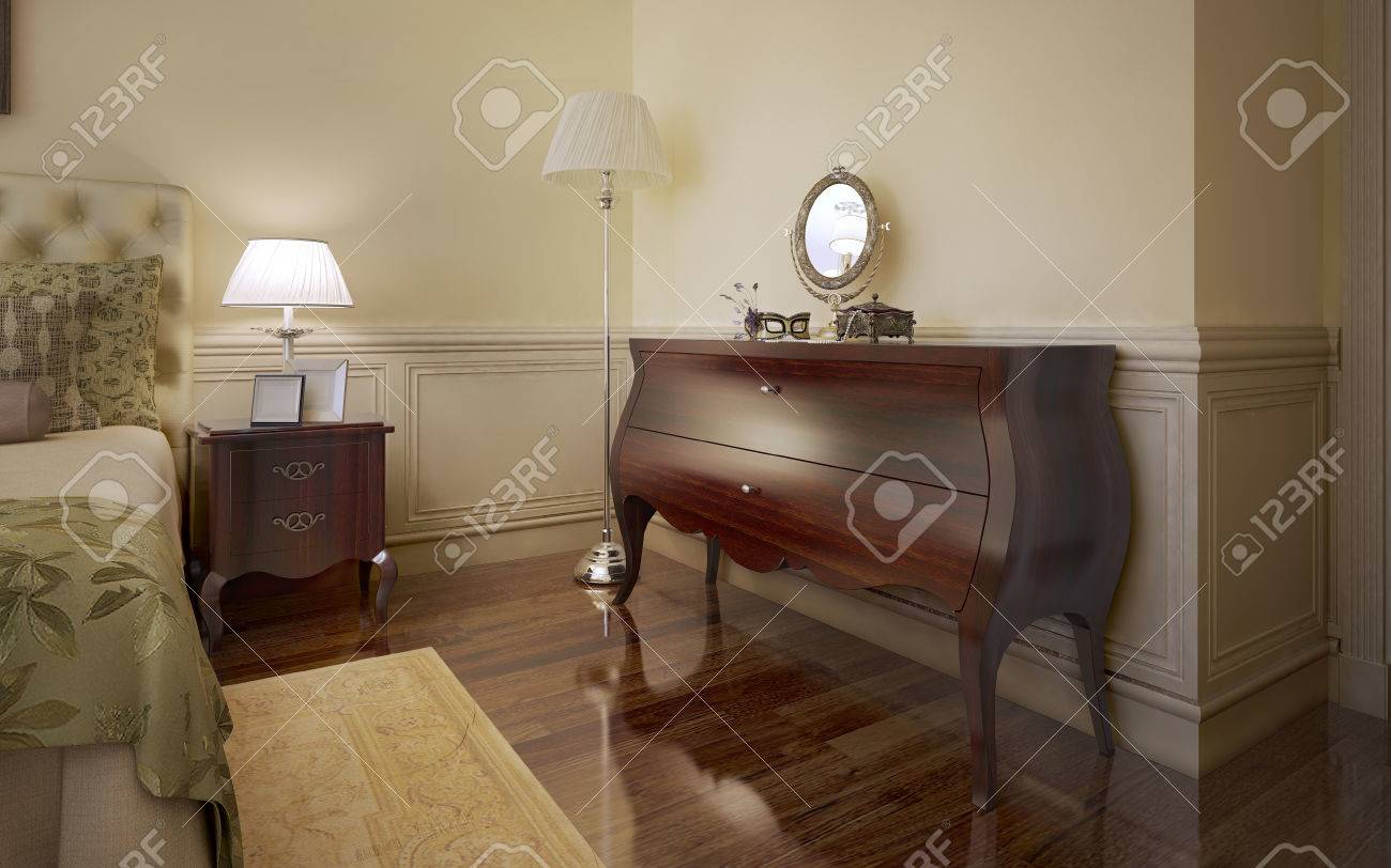 モダンなベッドルームの傾向 成形 Monogany 家具 ダークウッドのフローリング部屋の中央のクリーム色のじゅうたんとライト ベージュの壁と部屋 3 D のレンダリング の写真素材 画像素材 Image