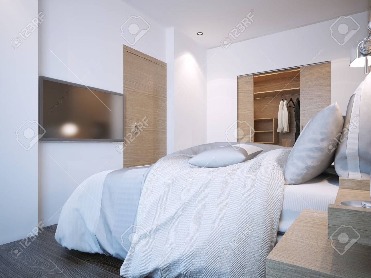 Minimalist Hotel Bedroom Design With White Walls And Walk In