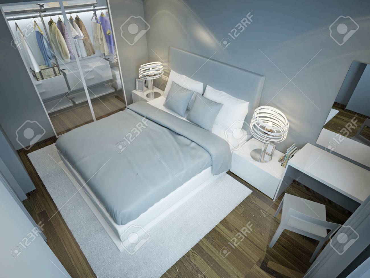 luce camera da letto blu con armadio. letto vestita con i cuscini ... - Design Armadio Con Camera Da Letto Blu luce camera da letto blu con armadio. letto vestita con i cuscini ... - Design Armadio Con Camera Da Letto Blu