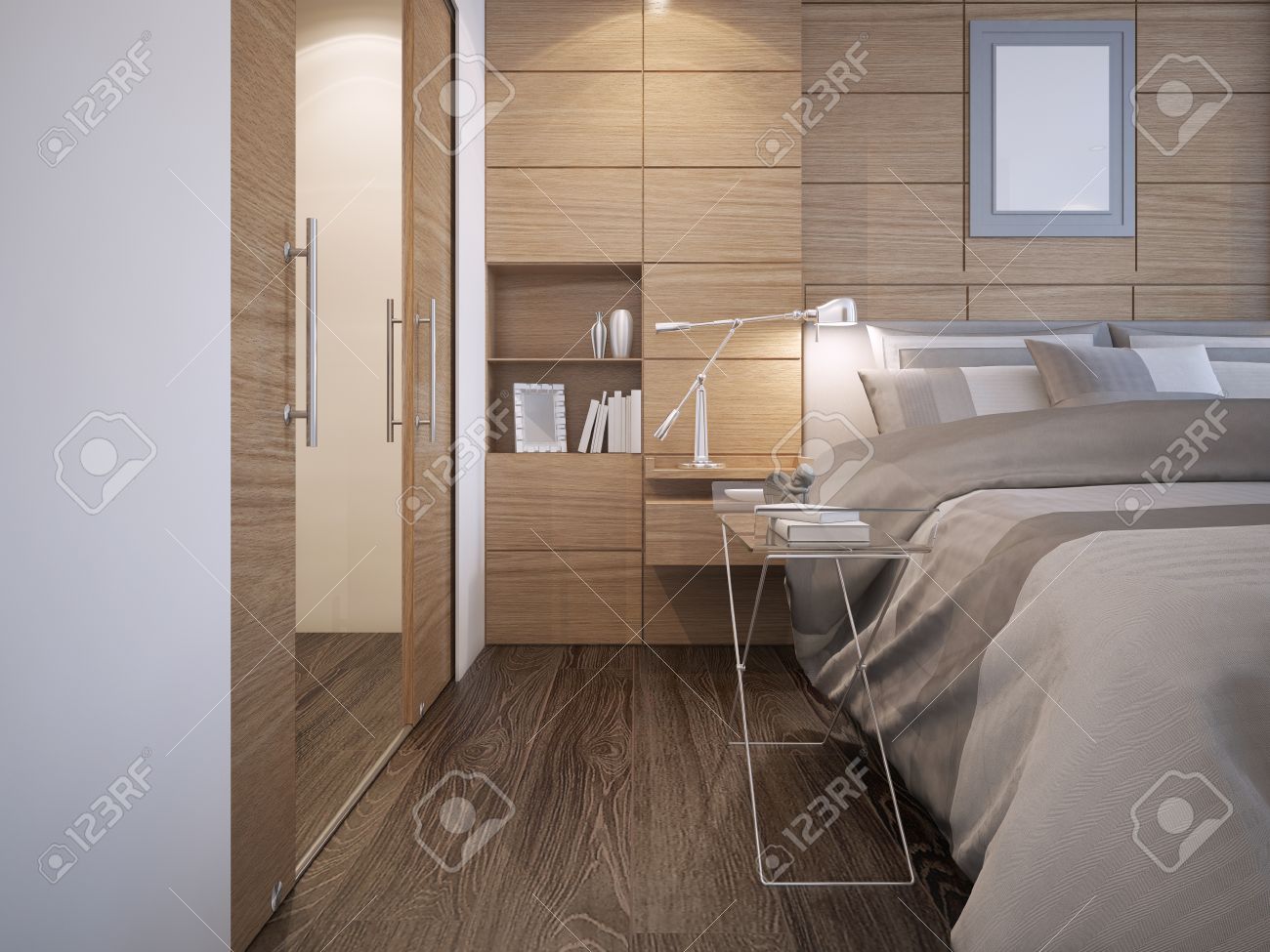 Belle conception de la chambre. Bois décoration murale ronde avec niche, murs blancs, lit élégant avec console, parquet en bois dur et dressing. 17D Belle conception de la chambre. Bois décoration murale ronde avec niche, murs blancs, lit élégant avec console, parquet en bois dur et dressing. 17D