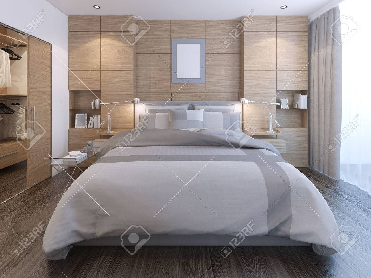 Dormitorio Elegante Con Decoracion De La Pared Amplia Habitacion