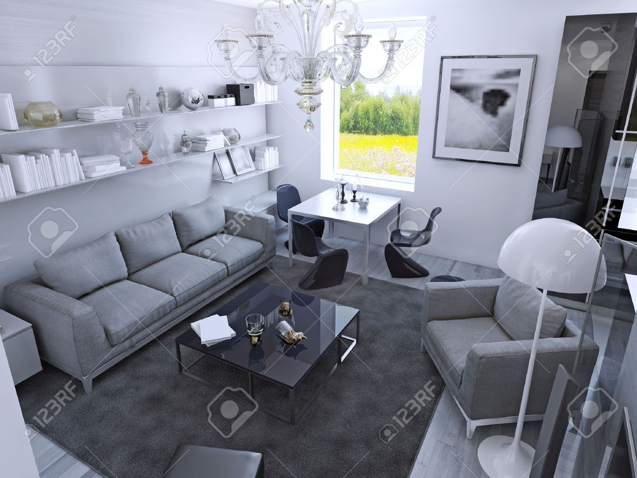 Salon Contemporain Chambre à La Lumière Du Jour Chambre Avec Table à Manger Dans Le Style Gothique Mobilier Gris Clair Mouillé Tapis De Couleur