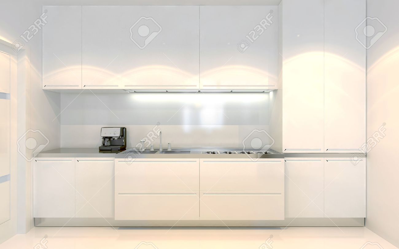 Tendance de la cuisine contemporaine. Mobilier blanc écru décoration. Vue de devant. Utilisation de la couleur blanche. 17D render Tendance de la cuisine contemporaine. Mobilier blanc écru décoration. Vue de devant. Utilisation de la couleur blanche. 17D render