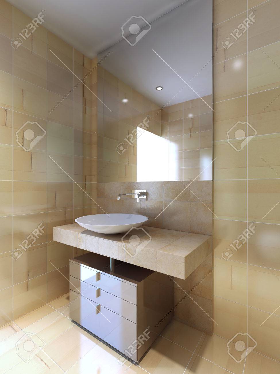 Ein Modernes Bad Mit Waschbecken Konsole In Beige Und Nazi Weiß. 3D ... Ein Modernes Bad Mit Waschbecken Konsole In Beige Und Nazi Weiß. 3D ...
