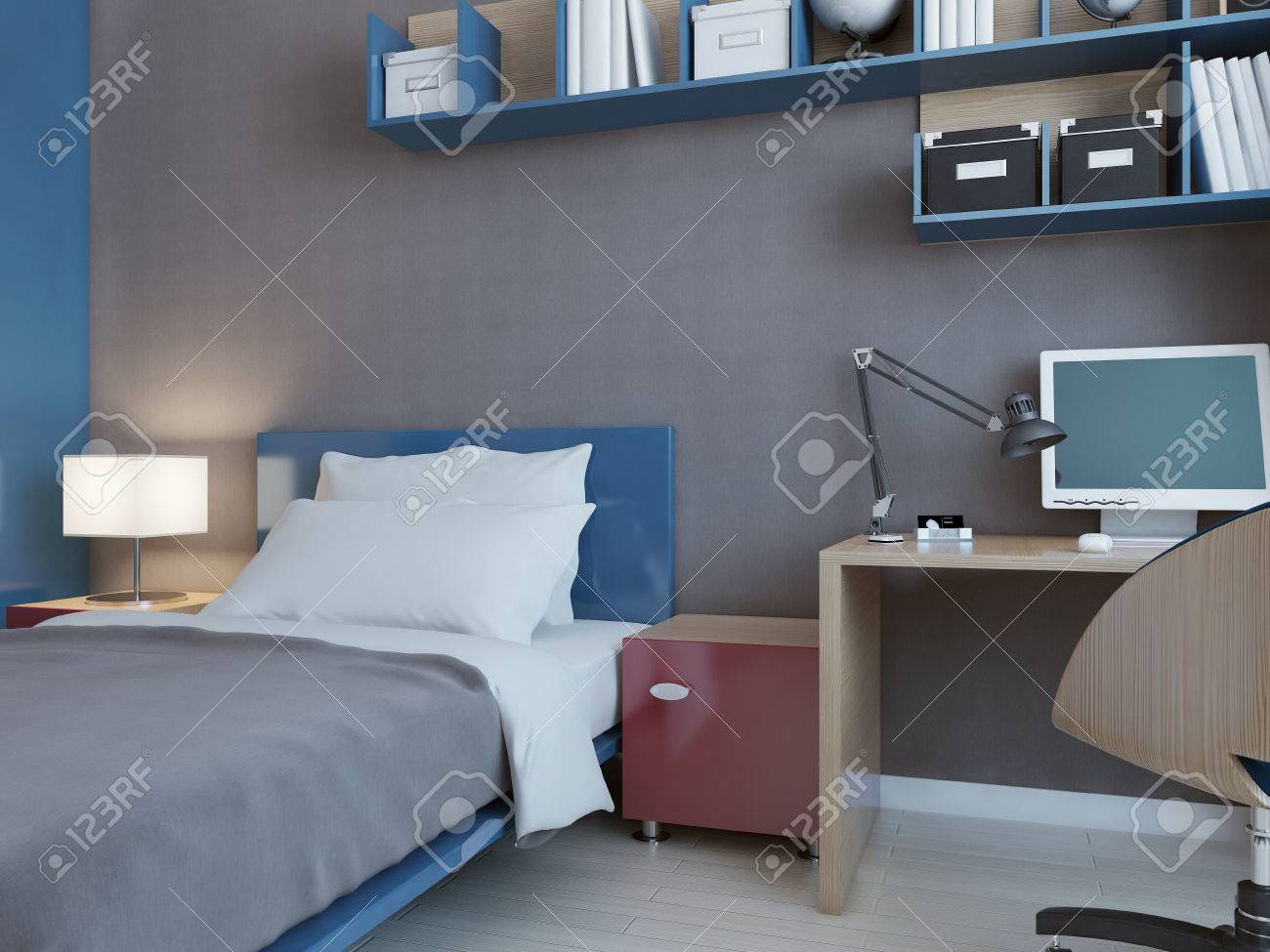 Idea Of Children Bedroom With Grey Walls Blue And Red Decoration
