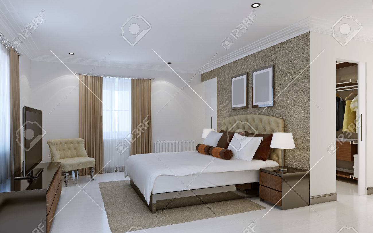 Luminosa Camera Da Letto Con Cabina Armadio. Rendering 3D Foto ... Luminosa Camera Da Letto Con Cabina Armadio. Rendering 3D Foto ...