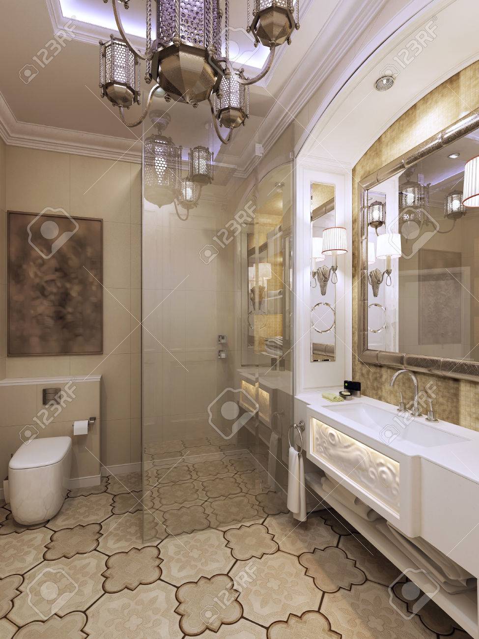Cuarto De Baño Elegante Estilo Marroquí. 3d Fotos, Retratos ... Cuarto De Baño Elegante Estilo Marroquí. 3d Fotos, Retratos ...