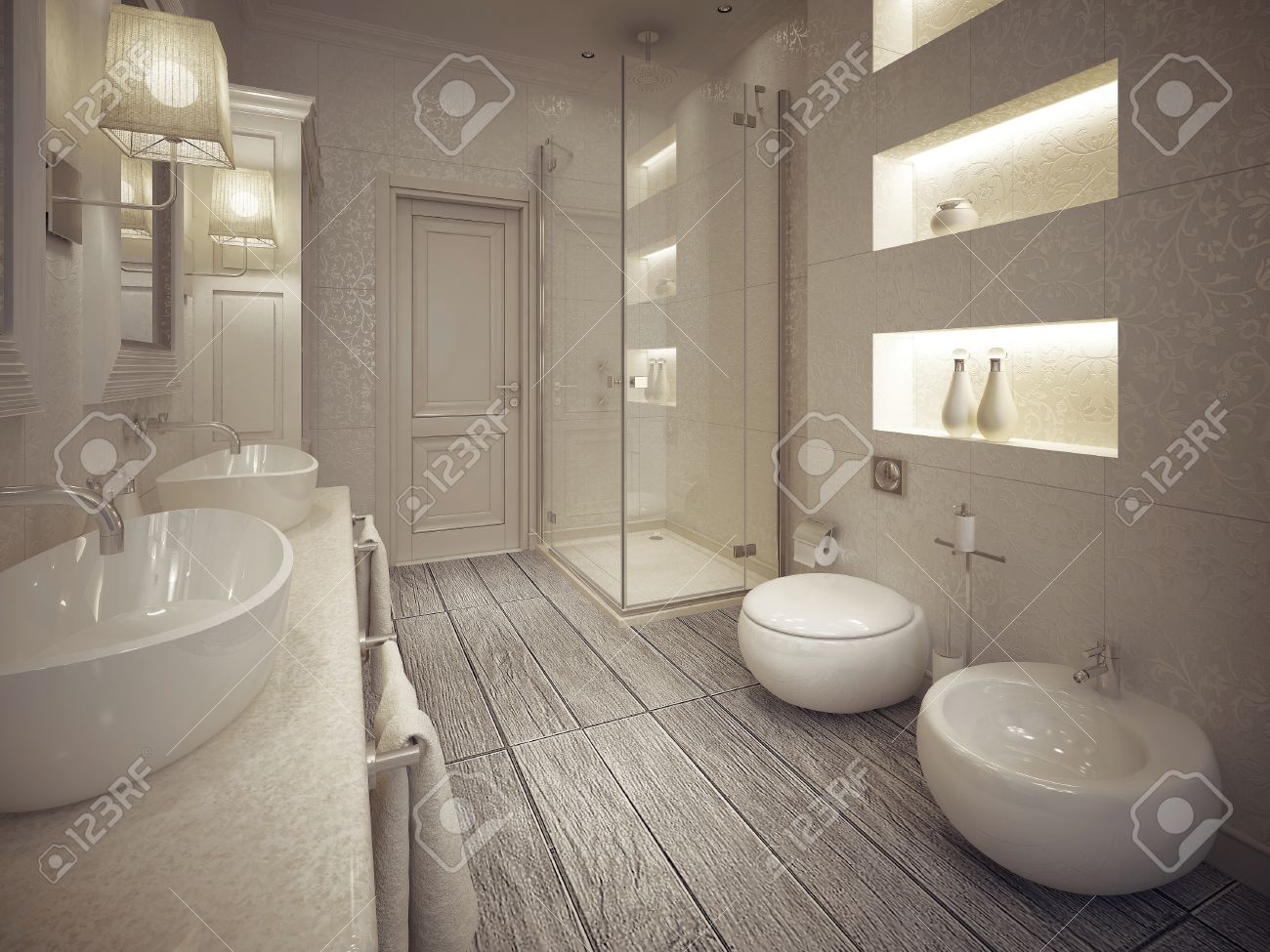 Cuarto de baño moderno con ducha y bidet con estantes por encima ...