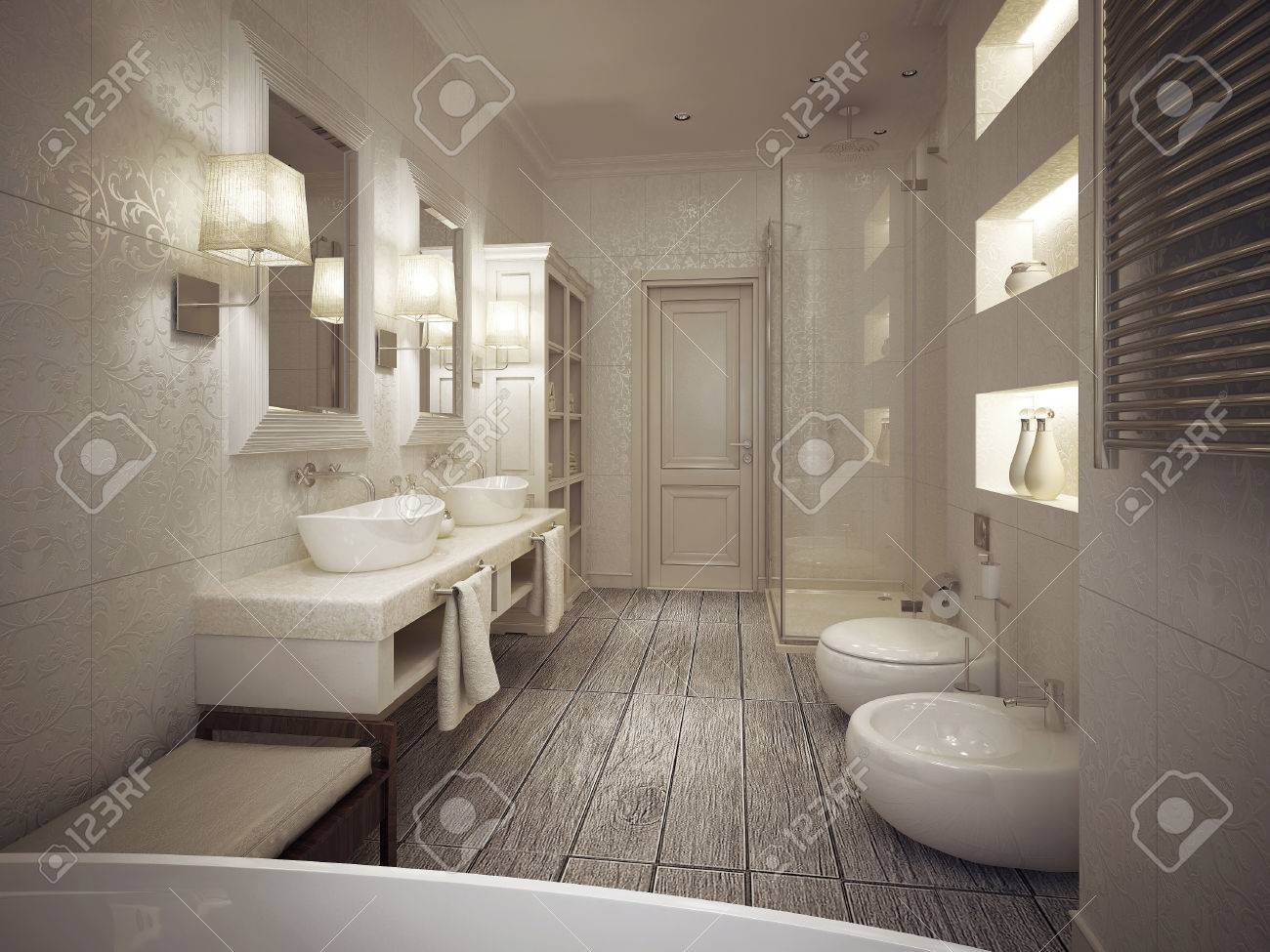 El Cuarto De Baño Es Un Estilo Clásico Con Azulejos Estampados En ... El Cuarto De Baño Es Un Estilo Clásico Con Azulejos Estampados En ...