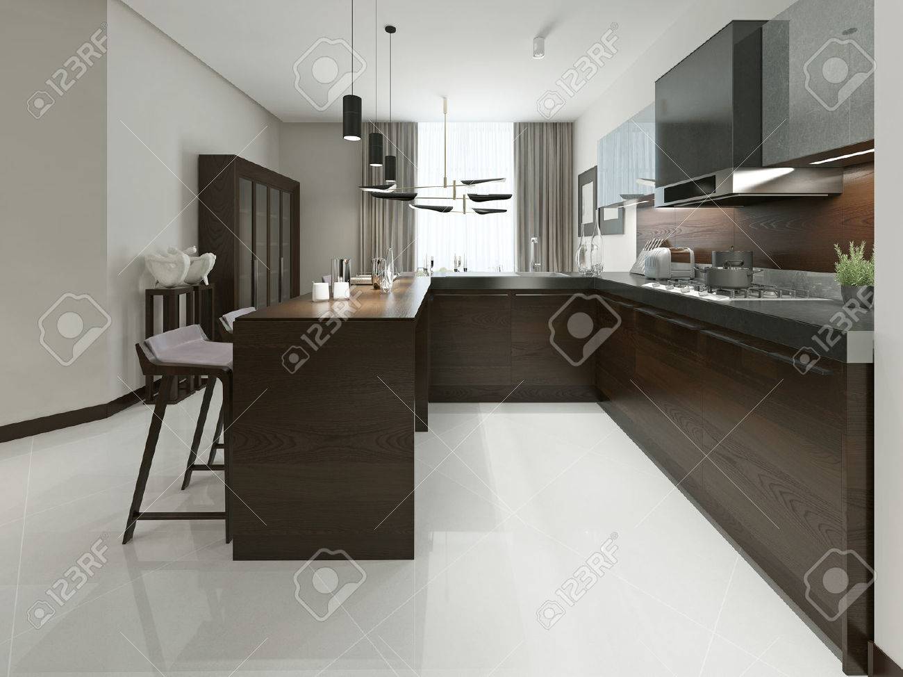 Interior De La Cocina Moderna Con Barra Y Taburetes. Muebles De ... Interior De La Cocina Moderna Con Barra Y Taburetes. Muebles De ...