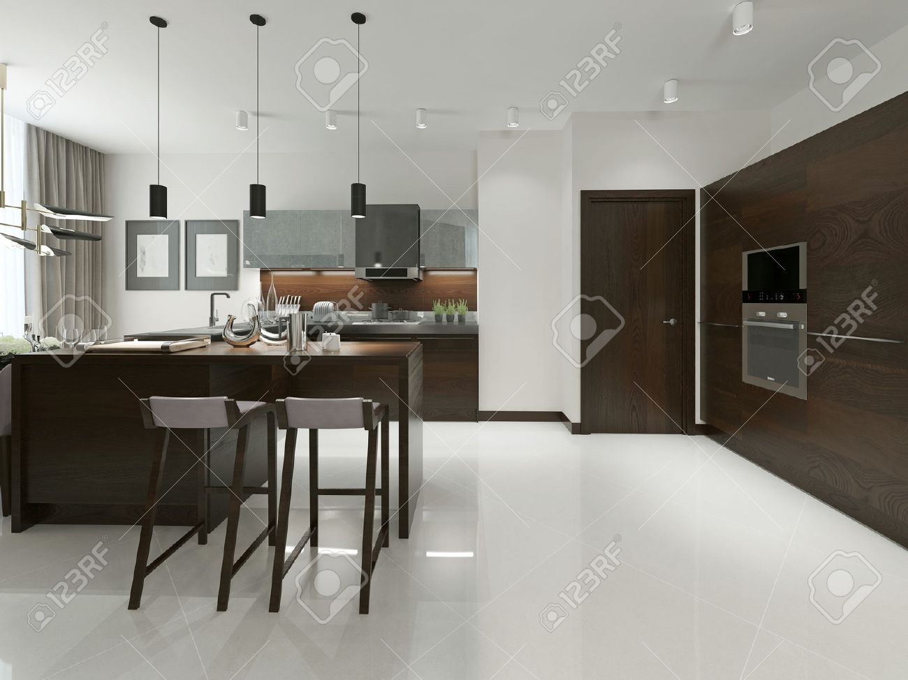 Interior De La Cocina Moderna Con Barra Y Taburetes. Muebles De ... Interior De La Cocina Moderna Con Barra Y Taburetes. Muebles De ...