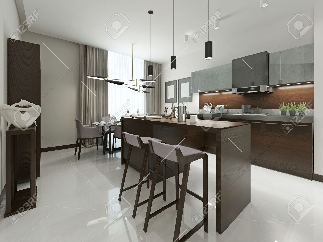 Cocina Interior Contemporáneo Con Bar Y Taburetes De Bar. Muebles De ... Cocina Interior Contemporáneo Con Bar Y Taburetes De Bar. Muebles De ...
