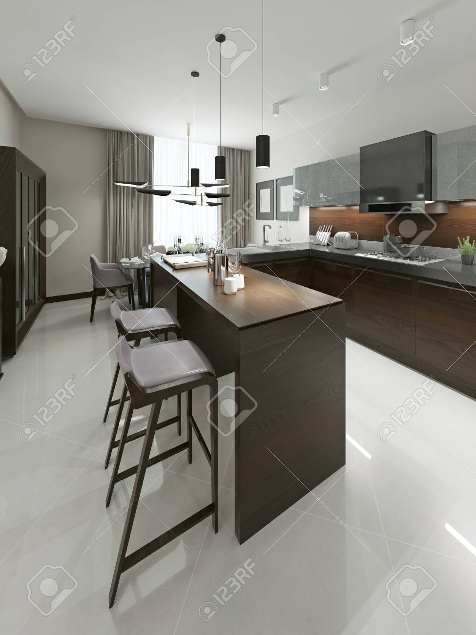 Cocina Interior Contemporáneo Con Bar Y Taburetes De Bar. Muebles De ... Cocina Interior Contemporáneo Con Bar Y Taburetes De Bar. Muebles De ...