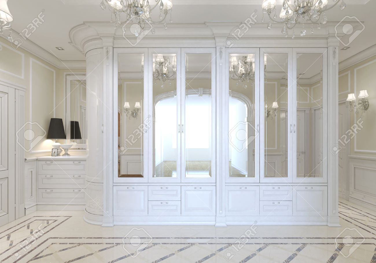 The Entrance Hall With A Large White Wardrobe With Mirror And