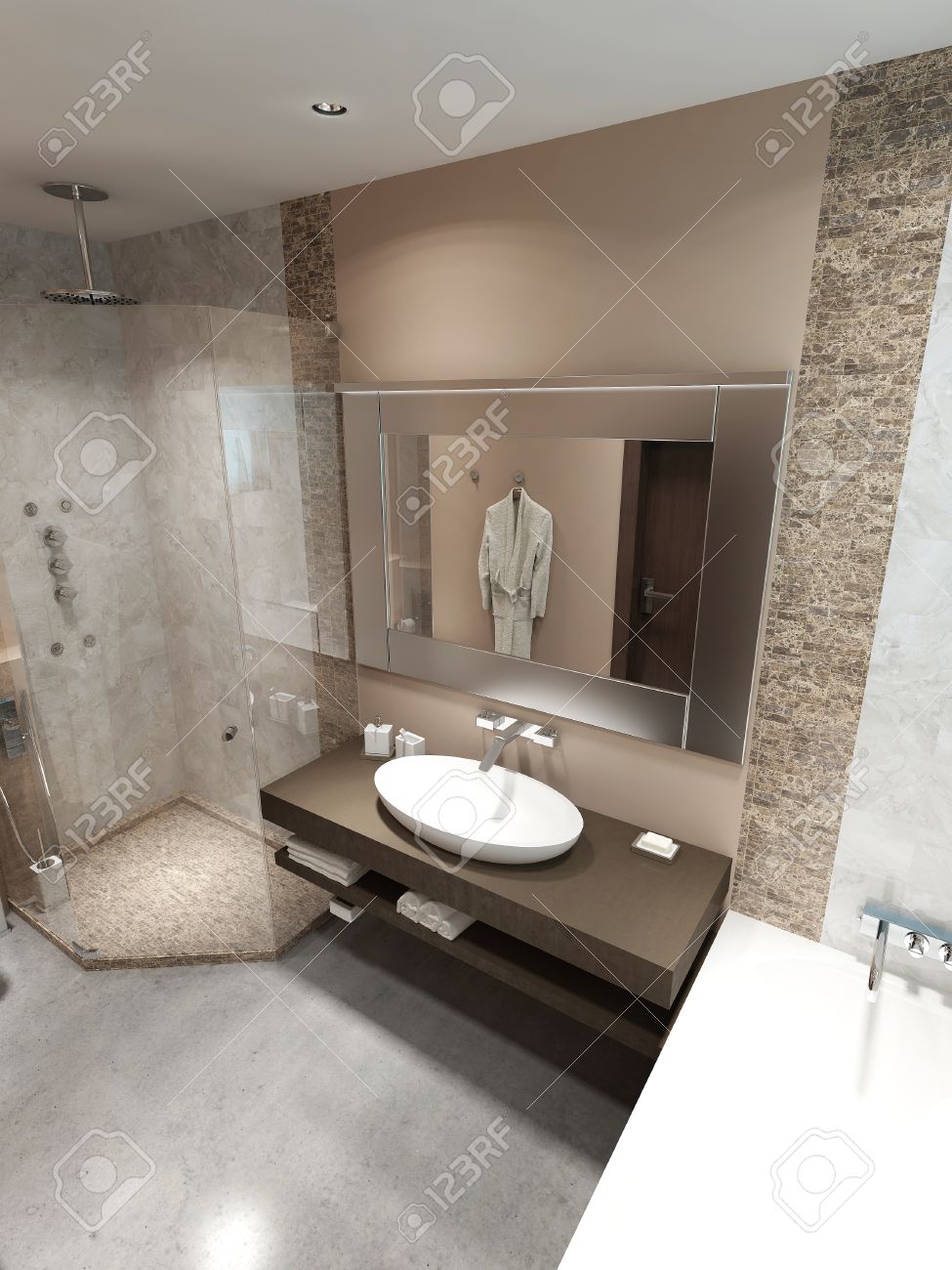 moderne badezimmer mit dusche. im braun, weiß und beige. 3d