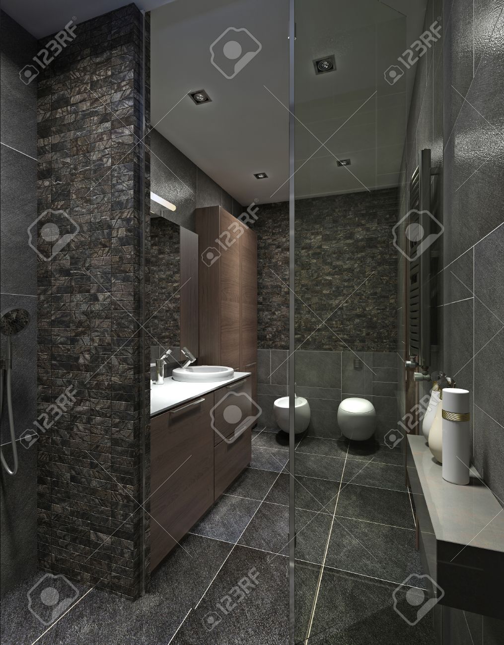 Cuarto De Baño Moderno En Azulejo Negro, Mosaico Y Muebles De Color ... Cuarto De Baño Moderno En Azulejo Negro, Mosaico Y Muebles De Color ...